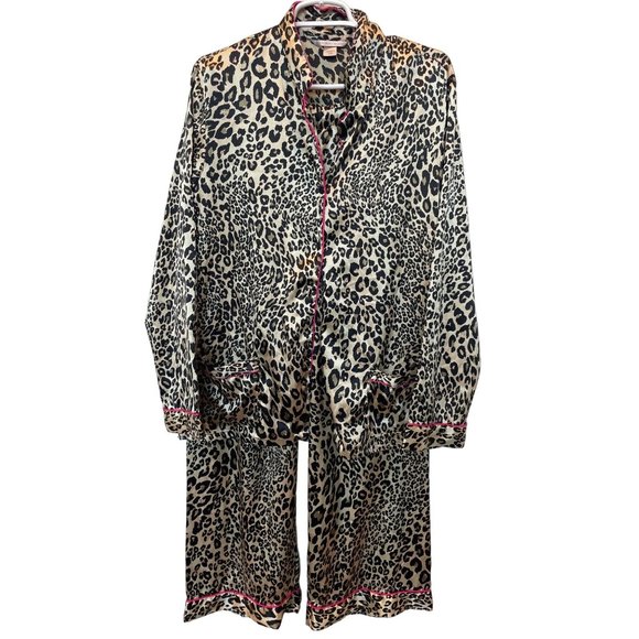 Victoria's Secret Leopard Print Satin Top & Bottom Pajama Set Tan Women's Size L - Picture 2 of 8
